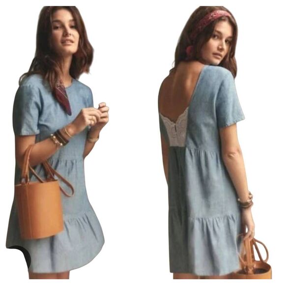 Sezane Garance in Chambray Blue Cotton Linen Tiered Dress 38 / US 6 - Picture 1 of 4
